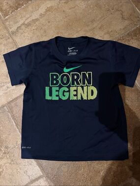 Nike Boys Navy Short Sleeve Tee with Neon Green "Born Legend" Graphic